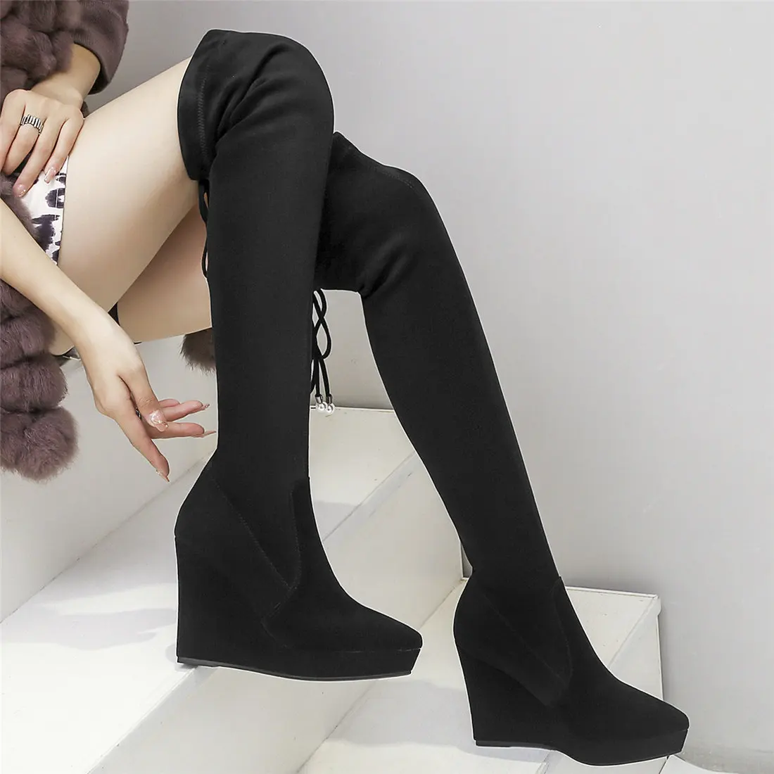 

New Women Genuine Leather Wedges High Heel Motorcycle Boots Female Winter Stretchy Velvet Thigh High Platform Pumps Casual Shoes