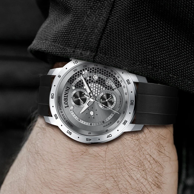 

LOBINNI мужские автоматические часы спортивные 42 мм механические наручные часы с сапфировым зеркалом резиновый ремешок пульсации месяц неделя дата 24 часа