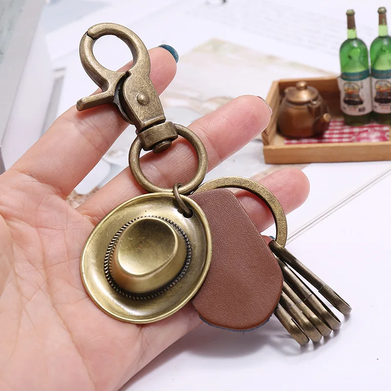 Vintage Antique Bronze Alloy Hat Leather Keychain Creative Small Pendant Fashion Cowhide Key Ring Bag Charm Gift