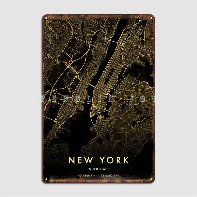 

New York City Map Gold Metal Plaque Poster Wall Pub Club Bar Decoration Plaques Tin Sign Poster