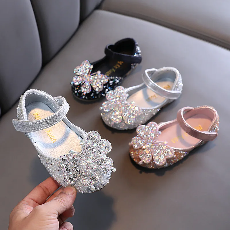 Zapatos de cuero con lentejuelas para niña pequeña, zapatos individuales con lazo a la moda para niño, zapatos de boda con diamantes de imitación brillantes