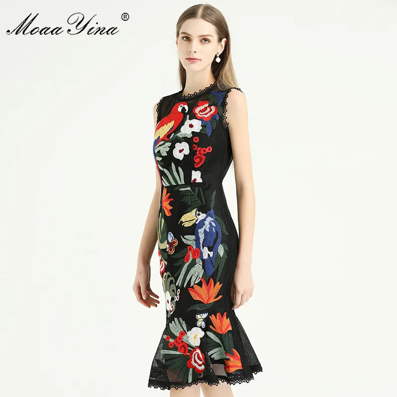 MoaaYina Fashion Designer dress Spring Summer Women's Dress Green leaf Flowers Butterfly Parrot Embroidery Mermaid Dresses