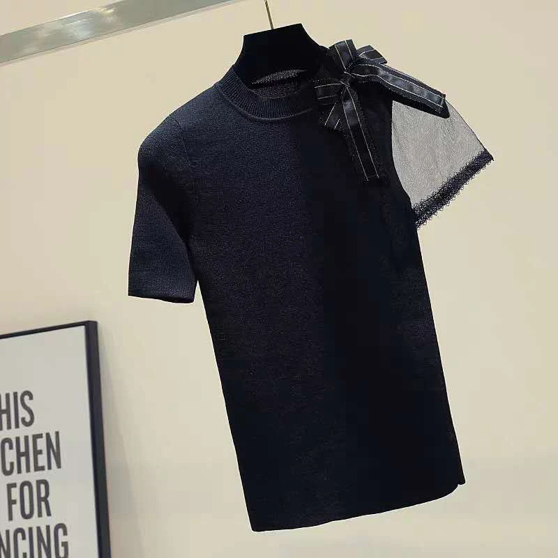 Camisetas De Mujer Bow Knitted  T Shirt Women Mesh Patchwork Short Sleeve T Shirts Woman Clothes New 2022 Summer Tops Tee Shirt