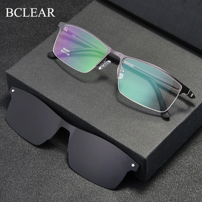 BCLEAR Half Rim Optical Eyeglasses Frame with Magnetic Clip-on Alloy Glasses Optical Prescription Spectacles Eyewear