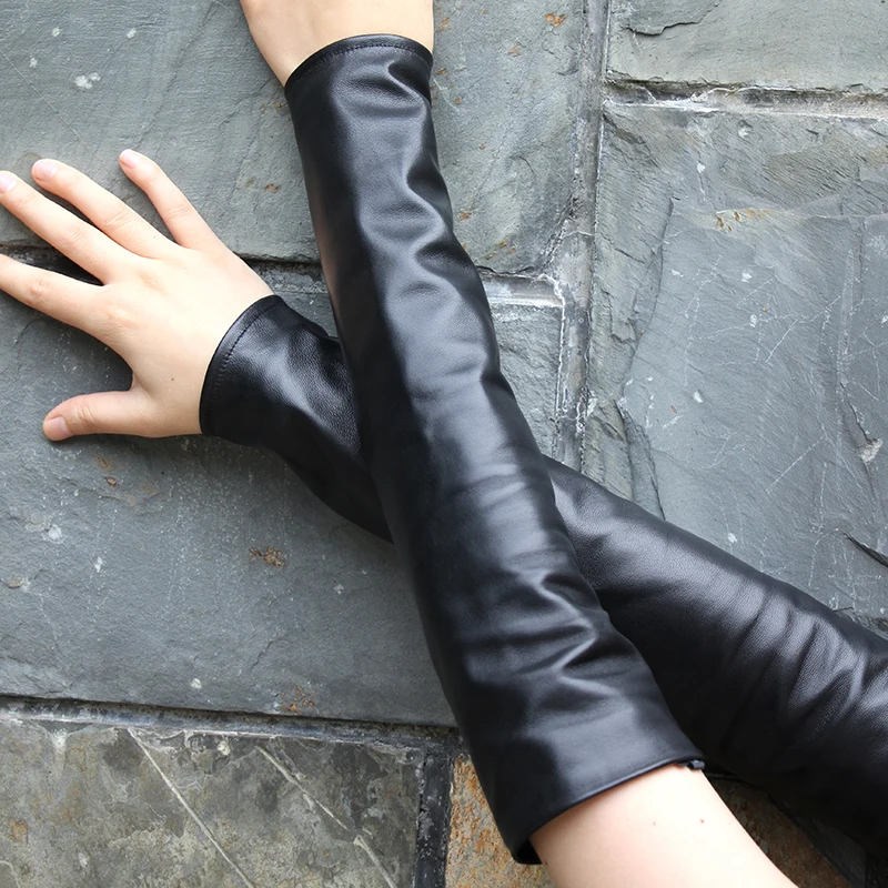 Ladies Mitten Genuine Leather Long Arm Sleeve velvet lining Warmer Leather Sleeve Women sheepskin gloves female velvet lining