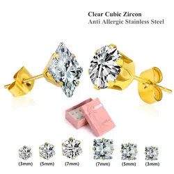 LUXUKISSKIDS 6Pairs/Box Shiny Zircon Stainless Steel Stud Earrings Set Korean AAA Crystal Jewelry Golden Piercing For Women Gift