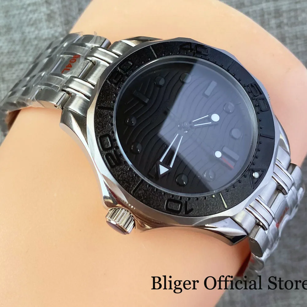 BLIGER 41mm New Surfing NH35 Selfwinding 007 Mens Watch Black Dial Index Hand Sapphire Glass Screw Crown Solid Back