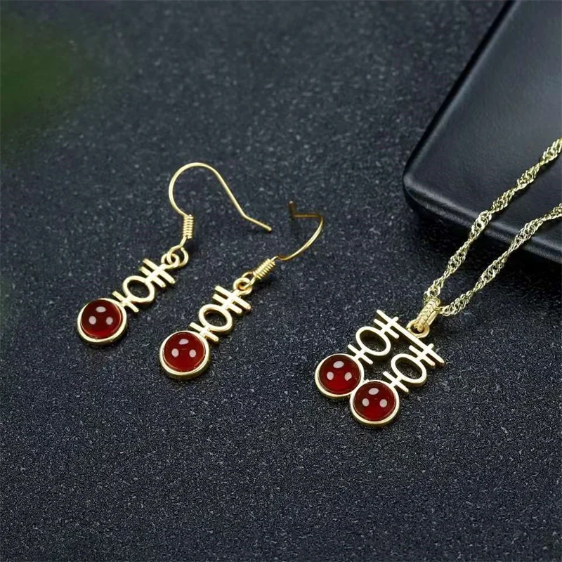 Hot Selling Natural Hand-carved Inlaid Ancient Method  Jade Necklace Earrings Suit Fashion Jewelry Accessories Women Gifts