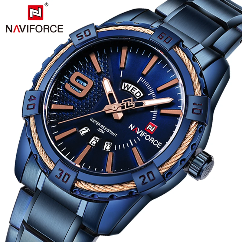 NAVIFORCE Mens WristWatch Blue Full Steel Date Waterproof Top Luxury Quartz Men Watches Fashion Creative Clock Relogio Masculino