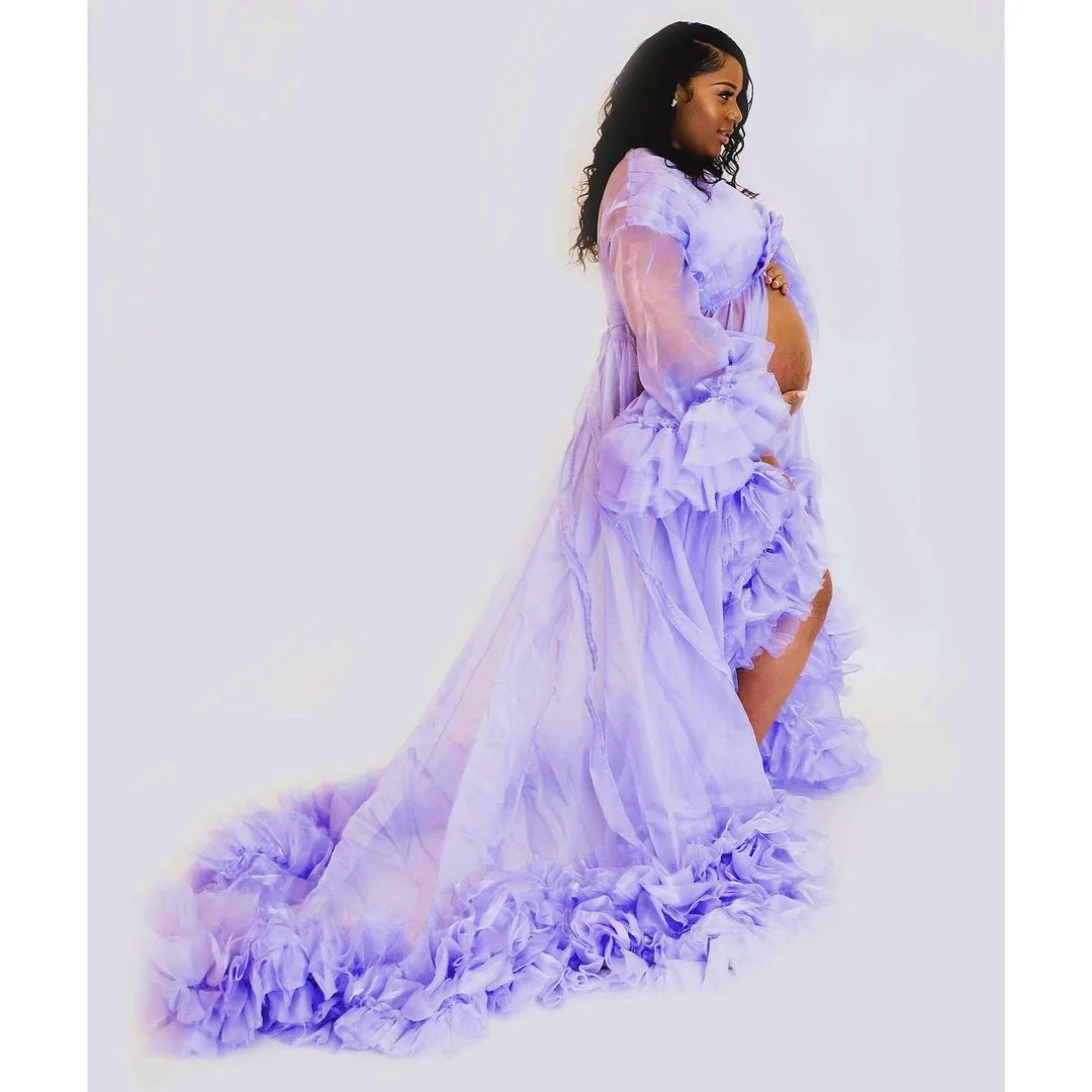 Lavender Photo Shoot Outfits For Black Women Tulle Long Sleeves See Through Maternity Photoshoot Dresses Rulles Sweep Train 2021