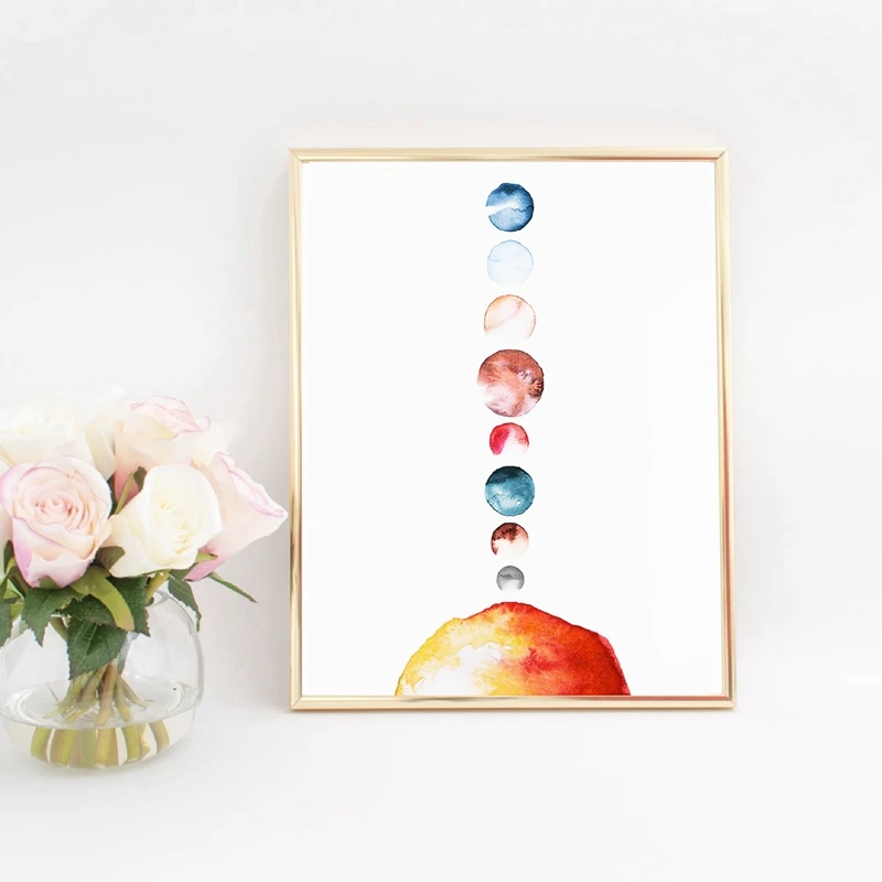 Solar System Poster Planet Print Watercolor Sun Kids Room Wall Art Canvas Painting Wall Picture for Living Room Home Decor