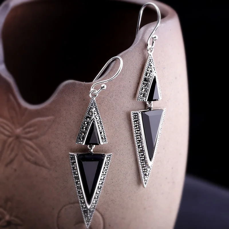 

Uglyless Vintage Fashion Marcasite Earrings for Women Geometric Gemstone Dangle Earrings Solid 925 Silver Brincos Bijoux E1544