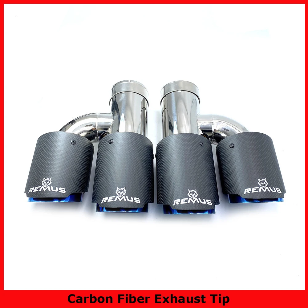 

1Pair H Style Glossy Carbon Stainless Steel Universal Dual Exhaust Pipe Blue End Tail Tip For 3 Series With Remus Logo