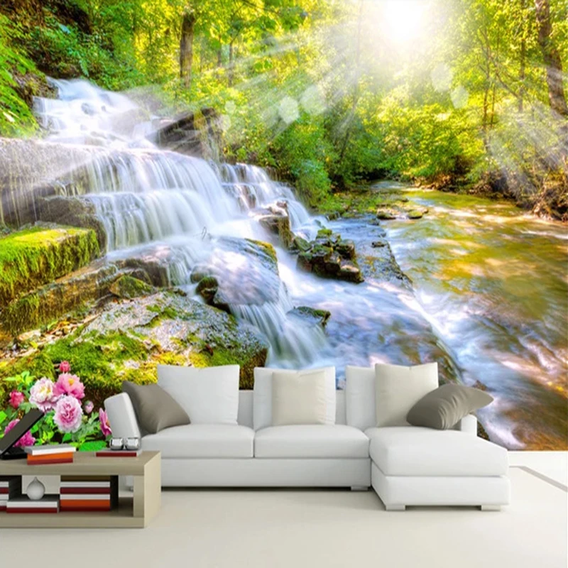 Custom 3D Wall Mural Waterfall Mountain Forest Scenery Photo Wallpaper Flowers sunlightSofa Study Home Decor Waterproof Stickers