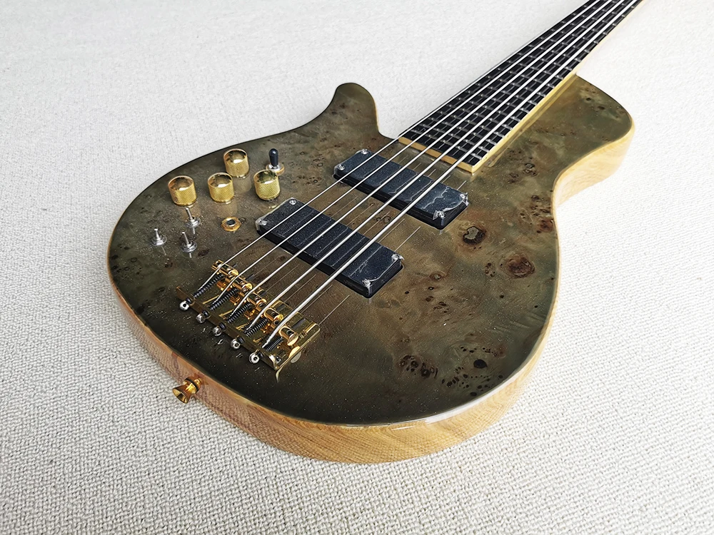 Left Handed 5 Strings Neck-thru-body Electric Bass Guitar with Bark Grain Veneer,Rosewood Fretboard,24 Frets