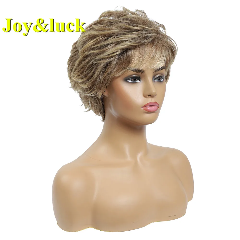 Joy&luck Short Wig Brown Mix Blonde Color Curly Synthetic Wigs For Women Full Wigs With Bangs Hiar Wigs