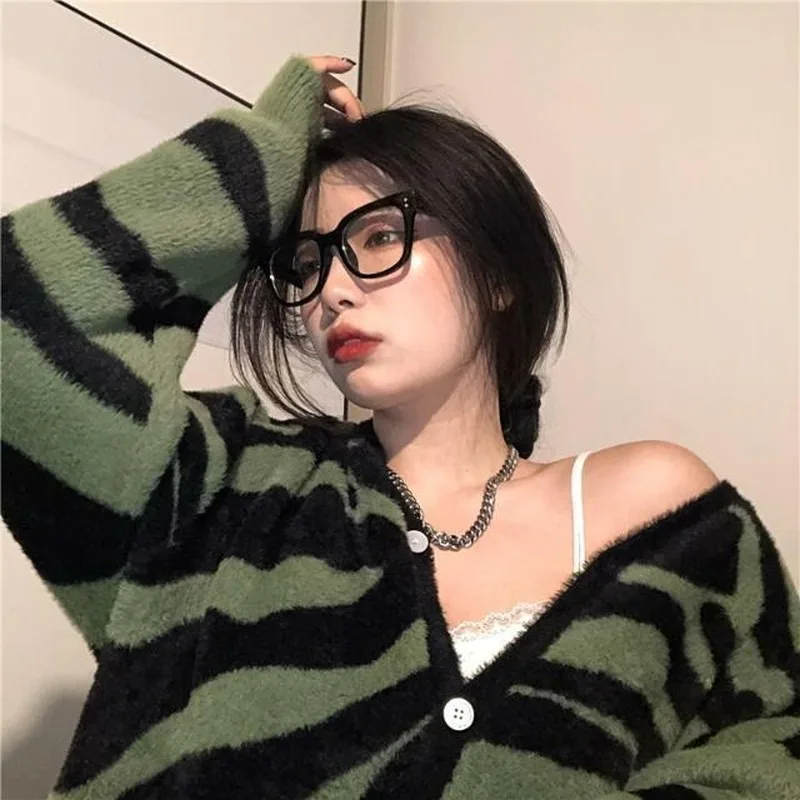 Women Cardigan Zebra Pattern V-neck Loose Casual All-match Single Breasted Knitted Sweater Korean Style Ulzzang Autumn Outwear