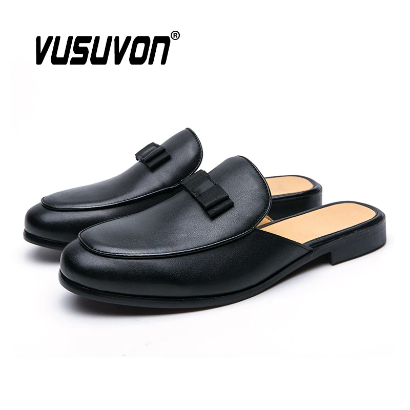 Leather Slippers for Men 2020 Fashion Bow Loafers Black Mules Summer Casual Shoes Men Round Toe Gents Shoes Men\'s Flats Big Size