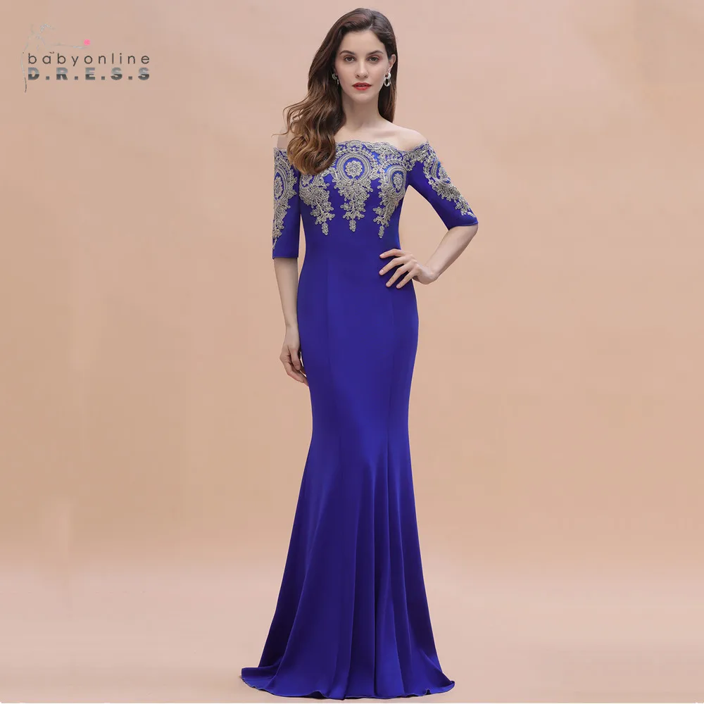 Elegant Mermaid Lace Long Prom Dresses Boat Neck Half Sleeve Vestido de Festa Backless Evening Prom Gowns платье robes de soirée