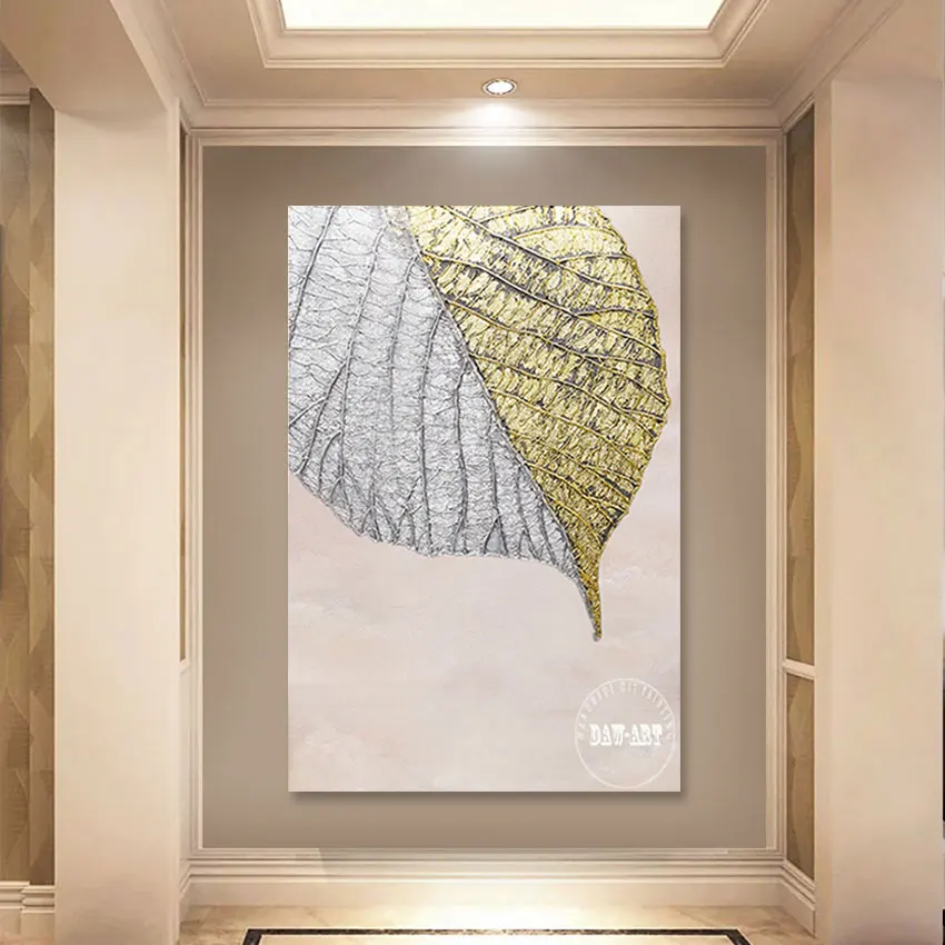 

Contemporary Wall Art Home Decorative Frameless High Quality 100% Hand-painted Gold Foil Abstract Leaf Oil Painting On Canvas