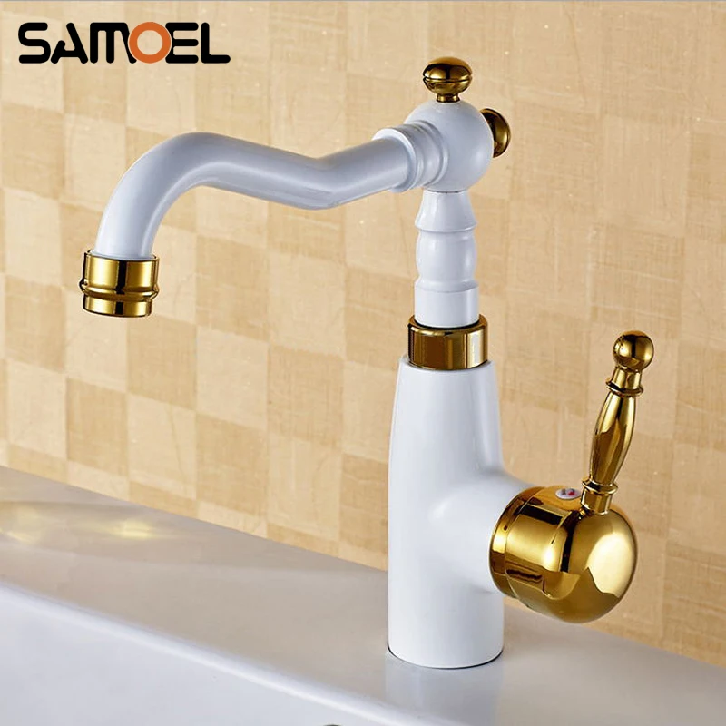 

Nordic Style Elegant Brass White and Gold Bathroom Sink Faucet Single Hole 360° Rotating Basin Water Tap Mixer W3015