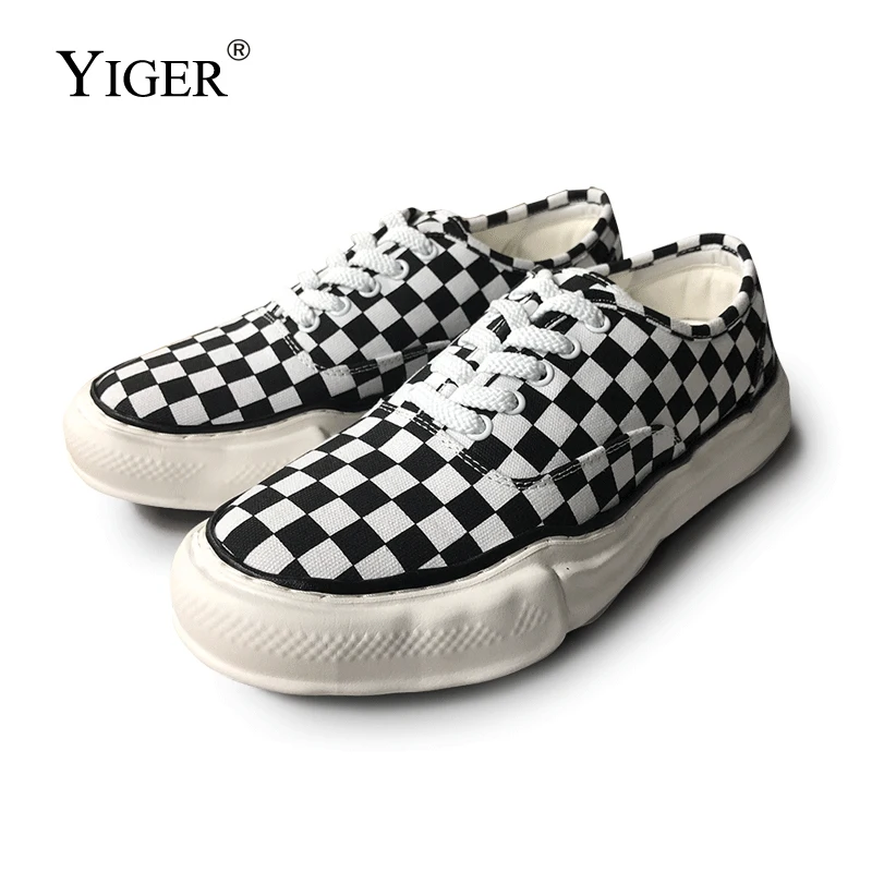 YIGER Men\'s canvas shoes black and white checkerboard Harajuku sneakers net celebrity low-top men\'s shoes casual Loafers