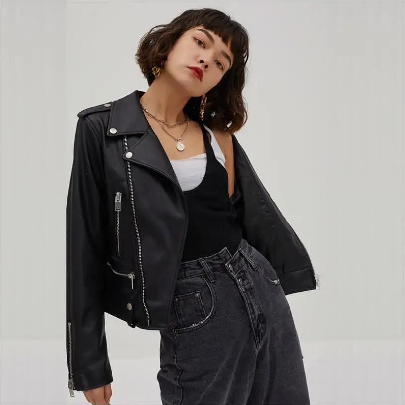 Blouson en cuir pu noir avec fermeture éclair pour femme, vêtement d'extérieur Punk, style Locomotive, F1470