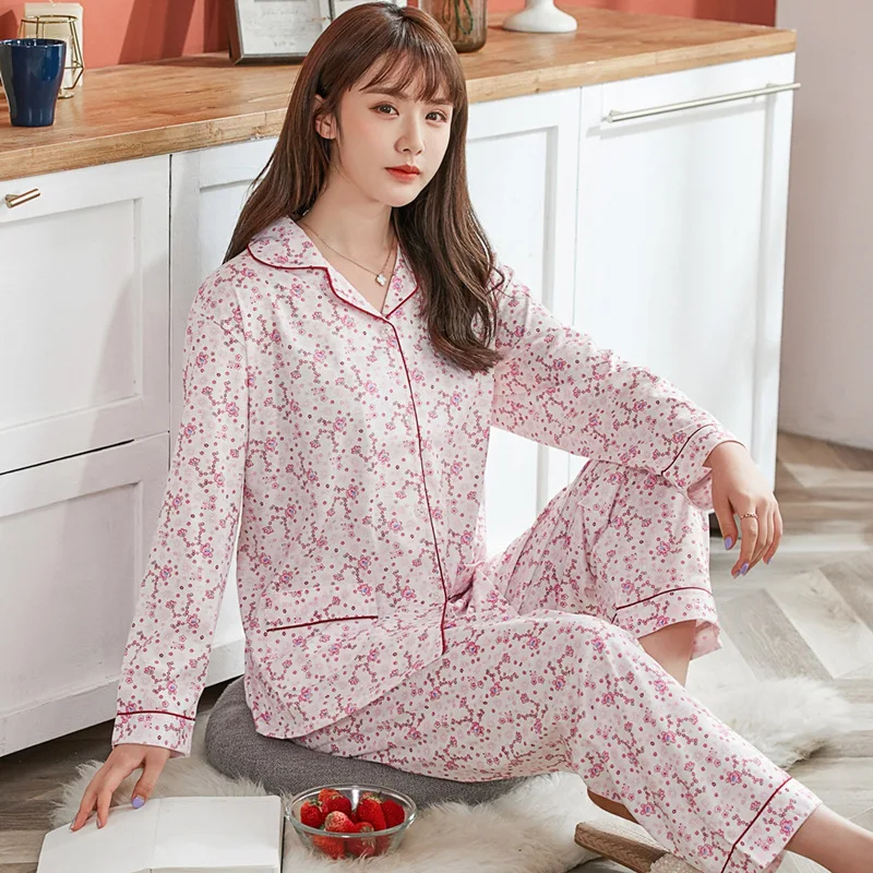 

Print Ladie's Pajamas Set Casual Big Size Sleepwear Women Spring Autumn Cardigan Buttons Shirt + Trousers Pyjamas Home Suit