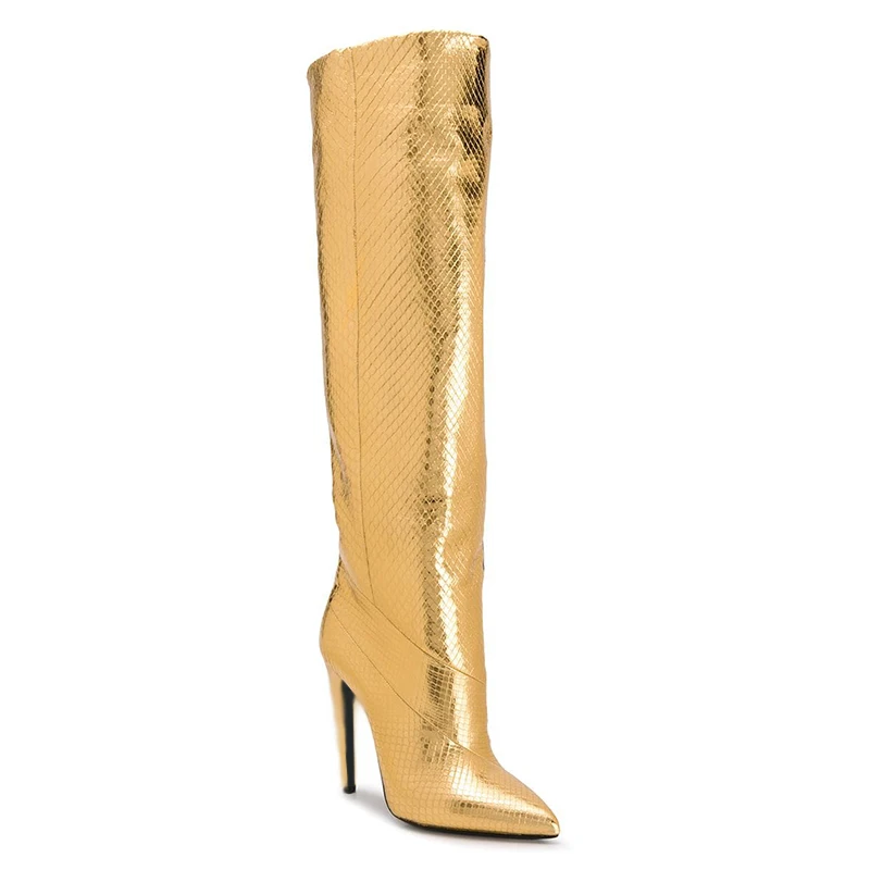 High Heel Gold Knee High Boots 2019 Women Winter Autumn Shoes Woman Fashion Pointed Toe Heeled Long Boot Slip On Slouchy Boots