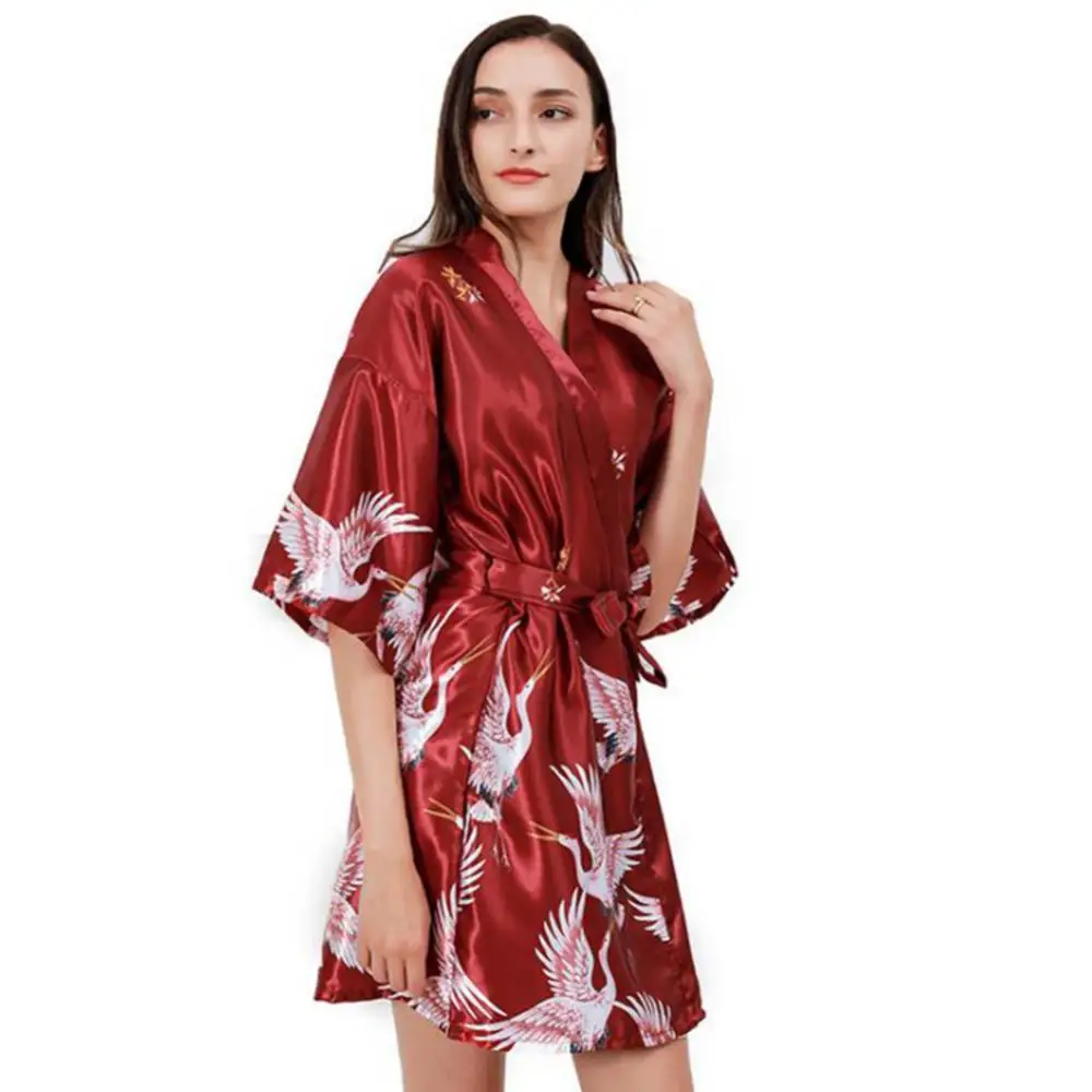 

Summer Women Ice Silk Fabric Lady Nightgown Crane Flower Print Short Bathrobe Ladies Dressing Gowns robe femme