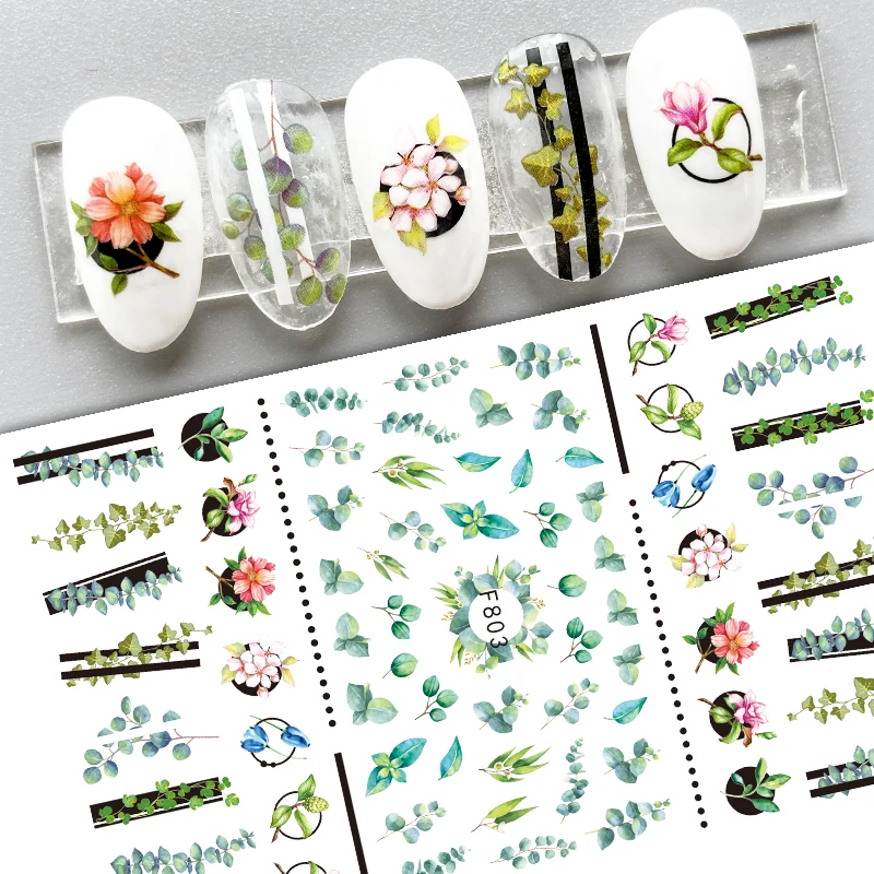 1pc 3D Charms Flower Leaf Nail Art Stickers Watercolor Sakura Geometry Line Spring Decor Sliders Manicuring Accessories GLF802