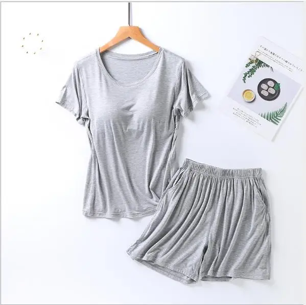 Two Piece Set Summer Women Pijama Sleeping Pyjamas Summer New Modal Pajamas For Women With Cups Plus Size M-3XL Home Suits