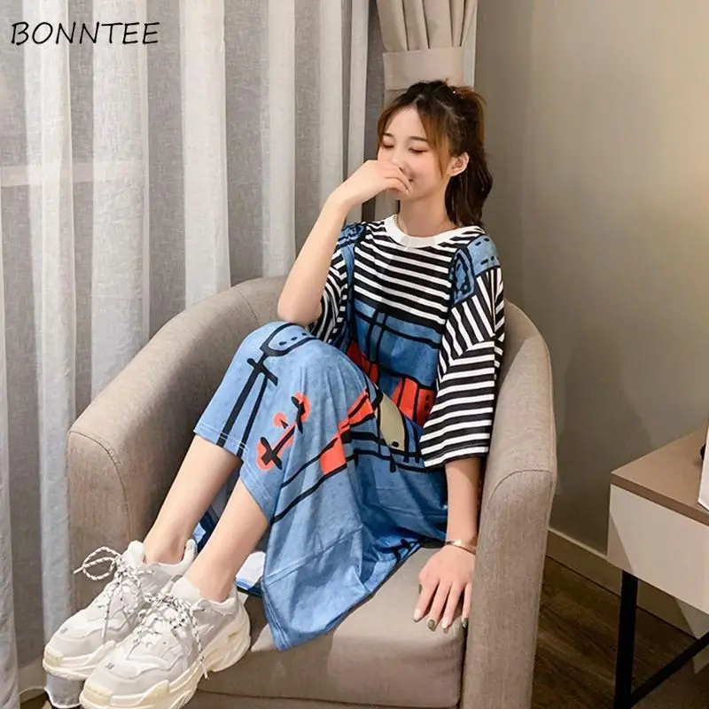 Nightgowns Women Striped Cartoon Fake-suspenders Short-sleeve Stylish Korean Leisure Homewear Sleep-shirts Female Loose Fashion