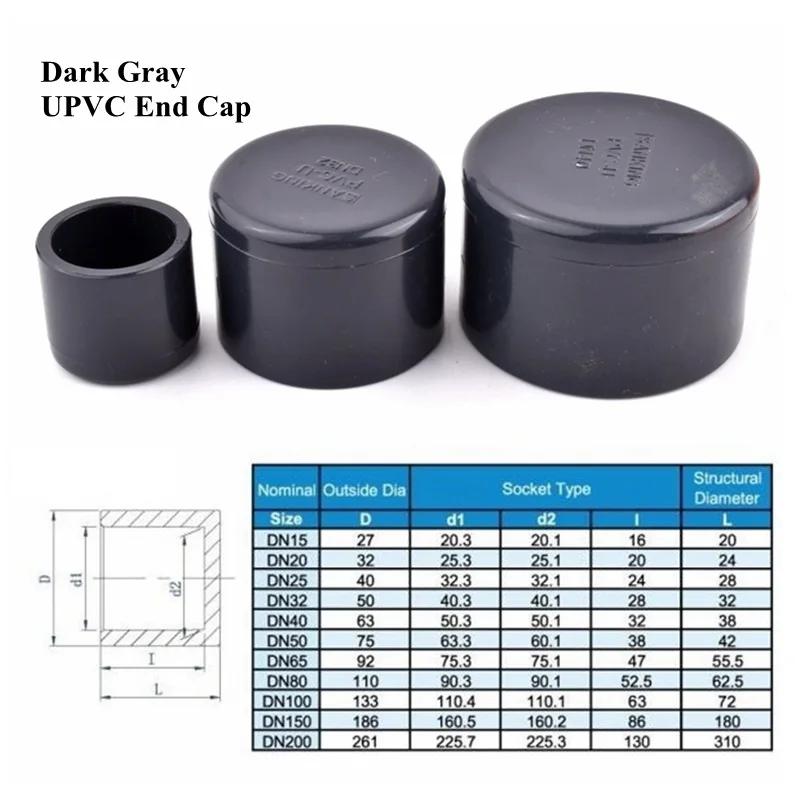 1 Piece ID.20~160mm UPVC End Cap Joint Dark Gray Aquarium Tank Water Pipe Connector PVC Plug Watering Irrigation Socket Joint