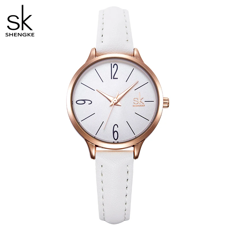 Shengke Fashion Female\'s Watches White Leather Girl Wristwatches Simple Women Quartz Clock Comfortable Buckle Round Case Hour