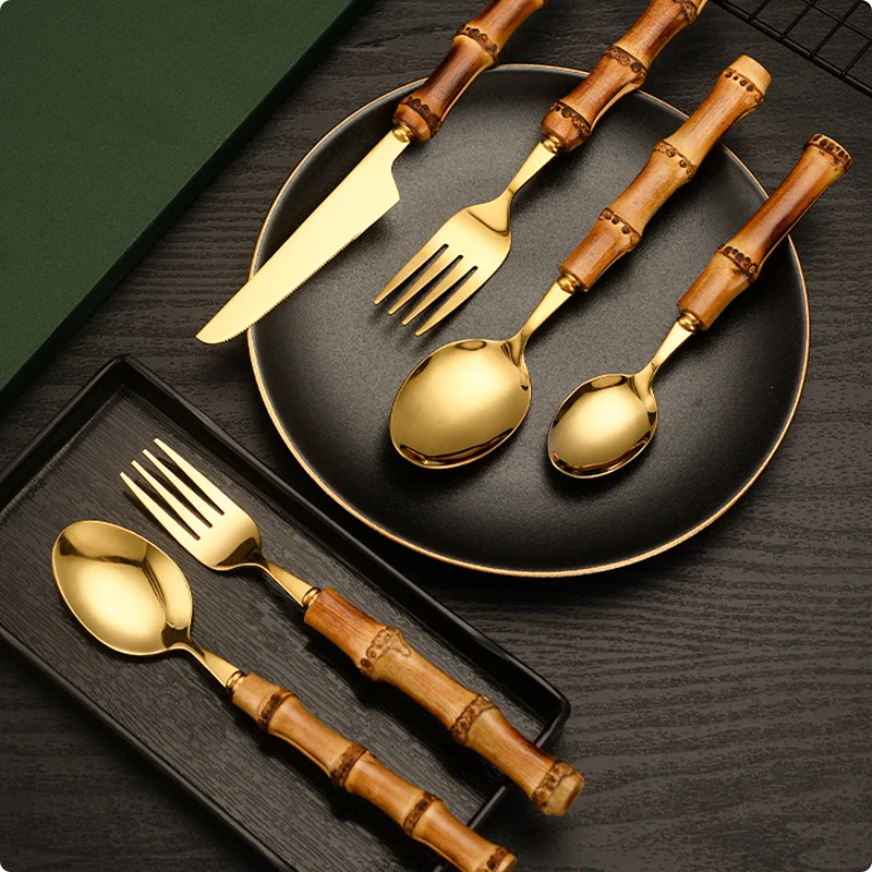 Cutlery Set With Bamboo Handle, With Steak Knives Tableware,Gold Stainless Steel Flatware Cutlery, Includes Forks Spoons Knives