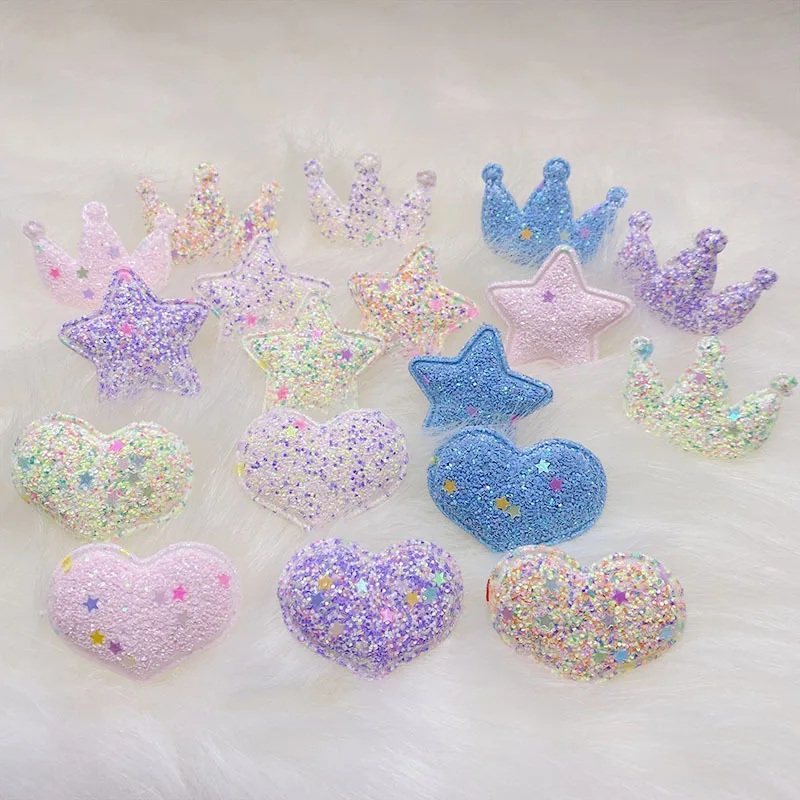

Wholesale 120Pcs/LOT Multi Style Glitter Shiny Crown Padded Appliques For DIY Children Hair Clip Accessories Star Heart Patches