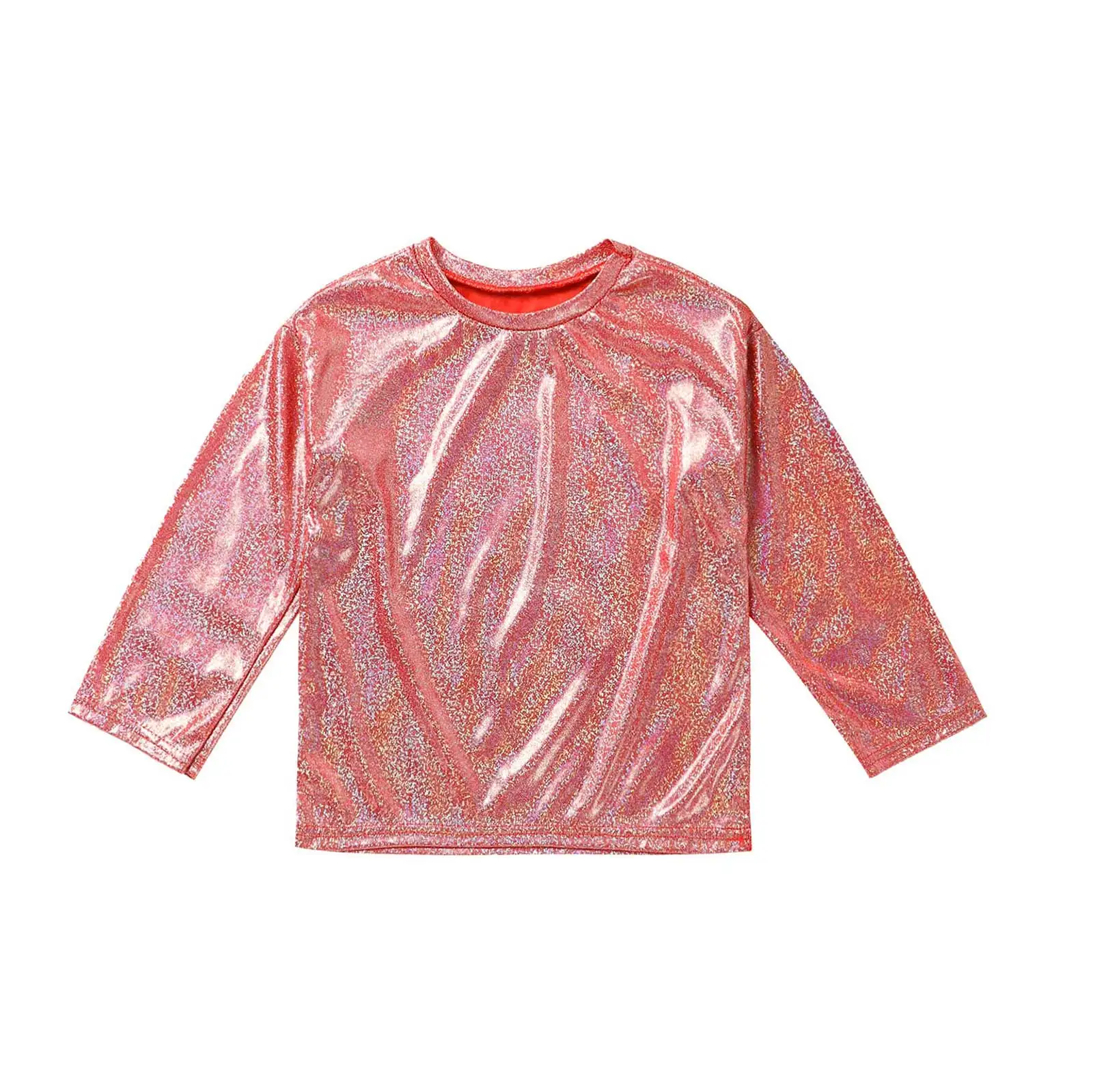 Fashion Boys Girls T-shirt Kid Shiny Metallic T Shirts Long Sleeve Loose Tops Dancing Party Children's Dance Costume Tshirts