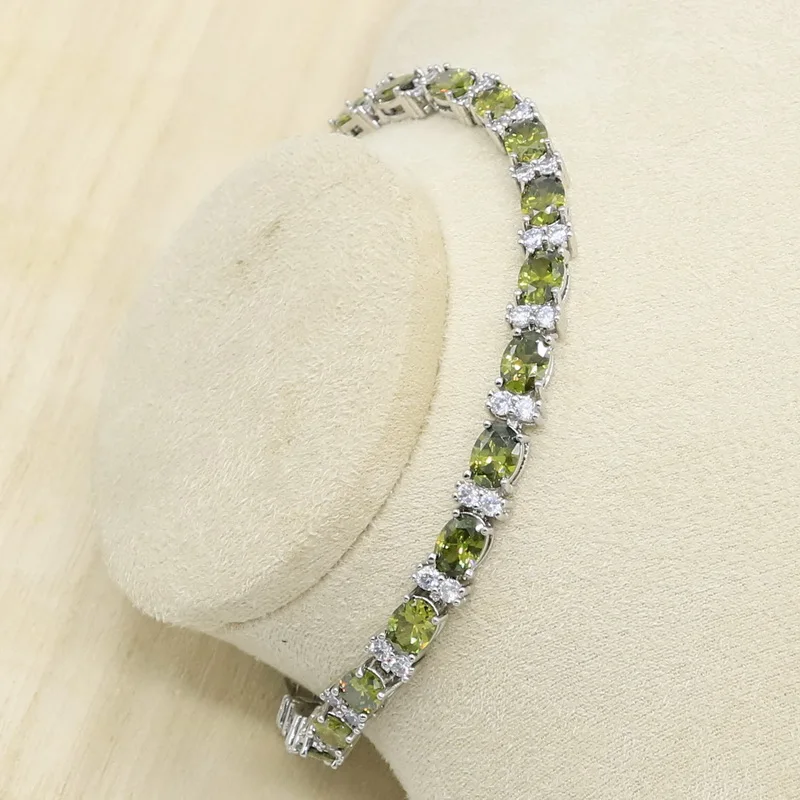 Novo verde peridot zircon prata 925 conjunto de jóias feminino pulseira brincos colar pingente anel presente aniversário