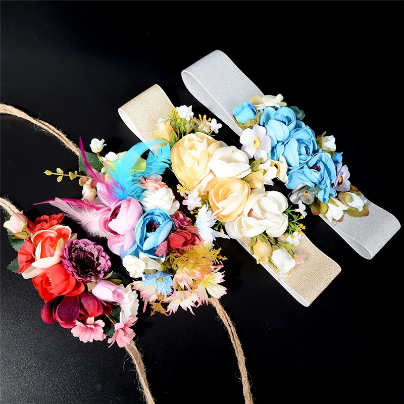 Luxury Sweet Colorful Flower Buckle Elastic Fabric Waistband Wide Belt Women Girls Elegant Stretch Belly Chains Accessories