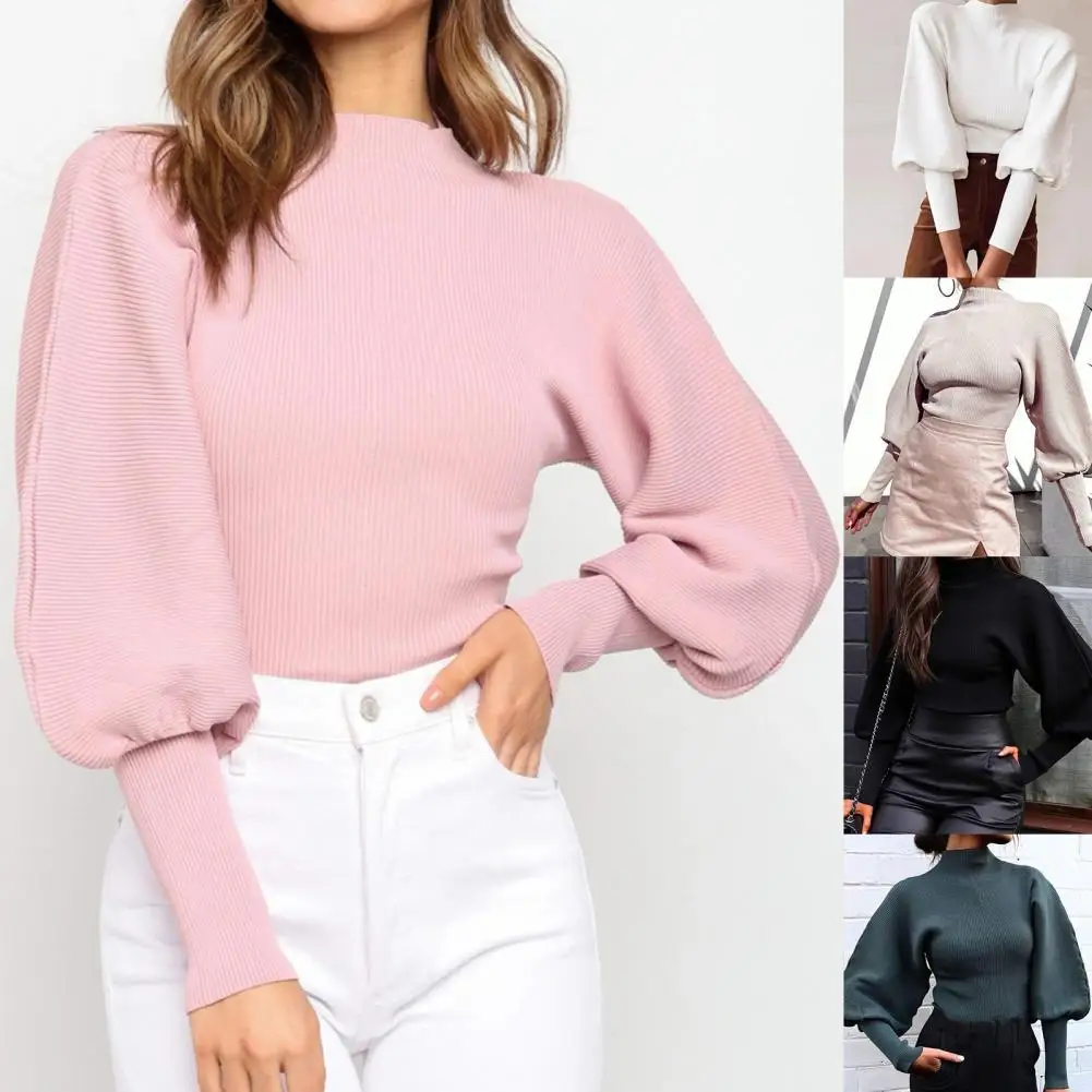 Autumn Winter Women Sweaters Solid Color Long Puff Sleeve Turtle Neck Sweater for Women Knitted Pullover Sweater kobieta swetry