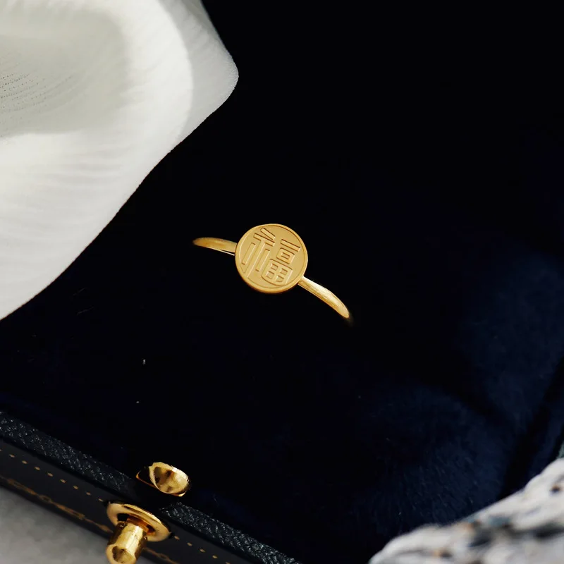 

YUN RUO Chinese Style Blessing Round Cake Ring Female Personality Fashion Titanium Steel Index Finger Ring Jewelry Water Proof