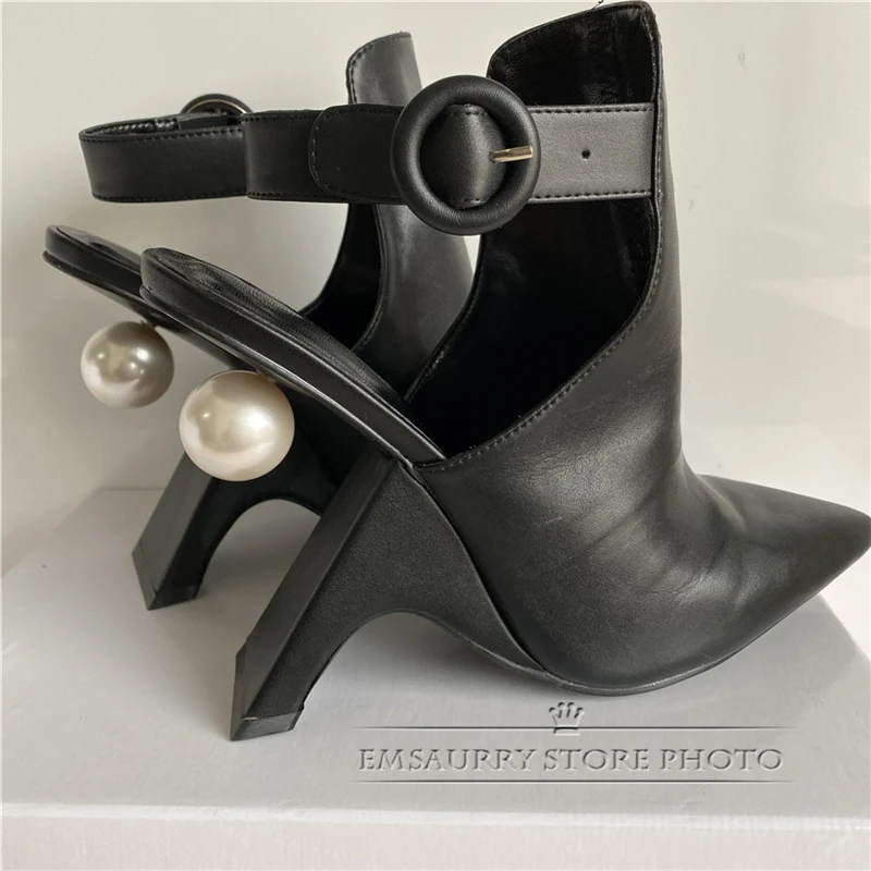 Novelty Fretwork Heel Runway Boots Women Sexy Point Toe Slingbacks With Buckle Belt Pearl Decor High Heel Botas Mujer