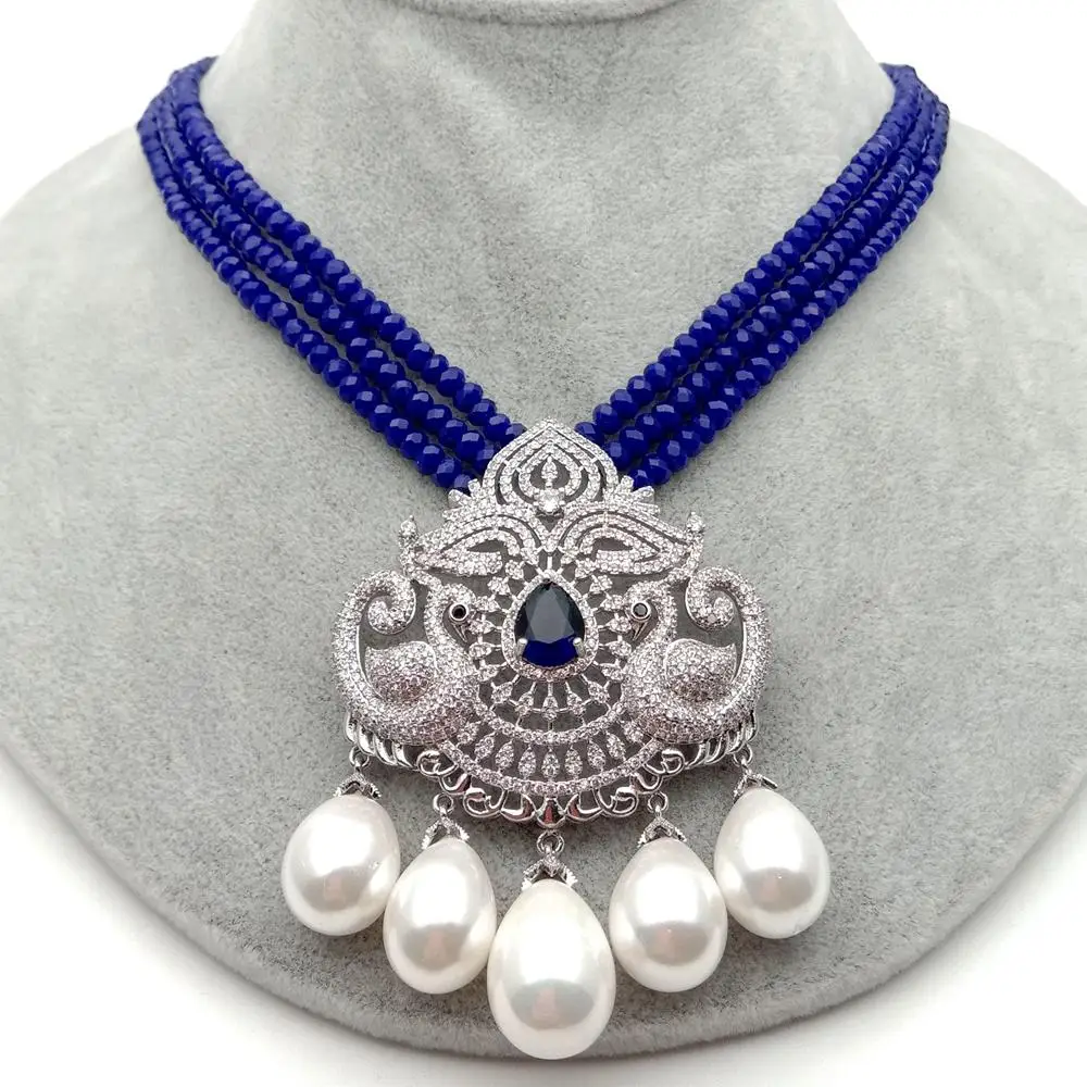 19' 3 Rows 4mm Faceted Rondelle Blue Crystal Necklace Silver Color Plated CZ Pave Swan White Sea Shell Pearl Pendant