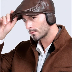 Erste Herrenschicht Leder Berets Winter Beefs Cetting Hot Ohr Protection Cap Hut 100% echtes Leder, Großhandel, Freizeit 8 Hauptverkäufe Herrenbauer Leder - №5