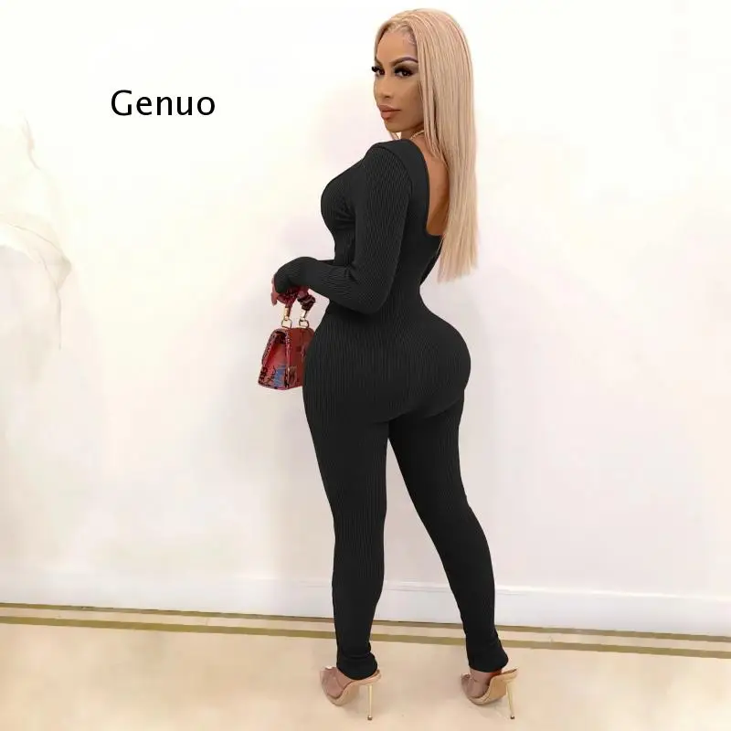 Active Corduroy Cut Out Waist Draped Long Sleeve Bodycon Jumpsuit Women Sexy Club Party One Piece Overall Romper 2021