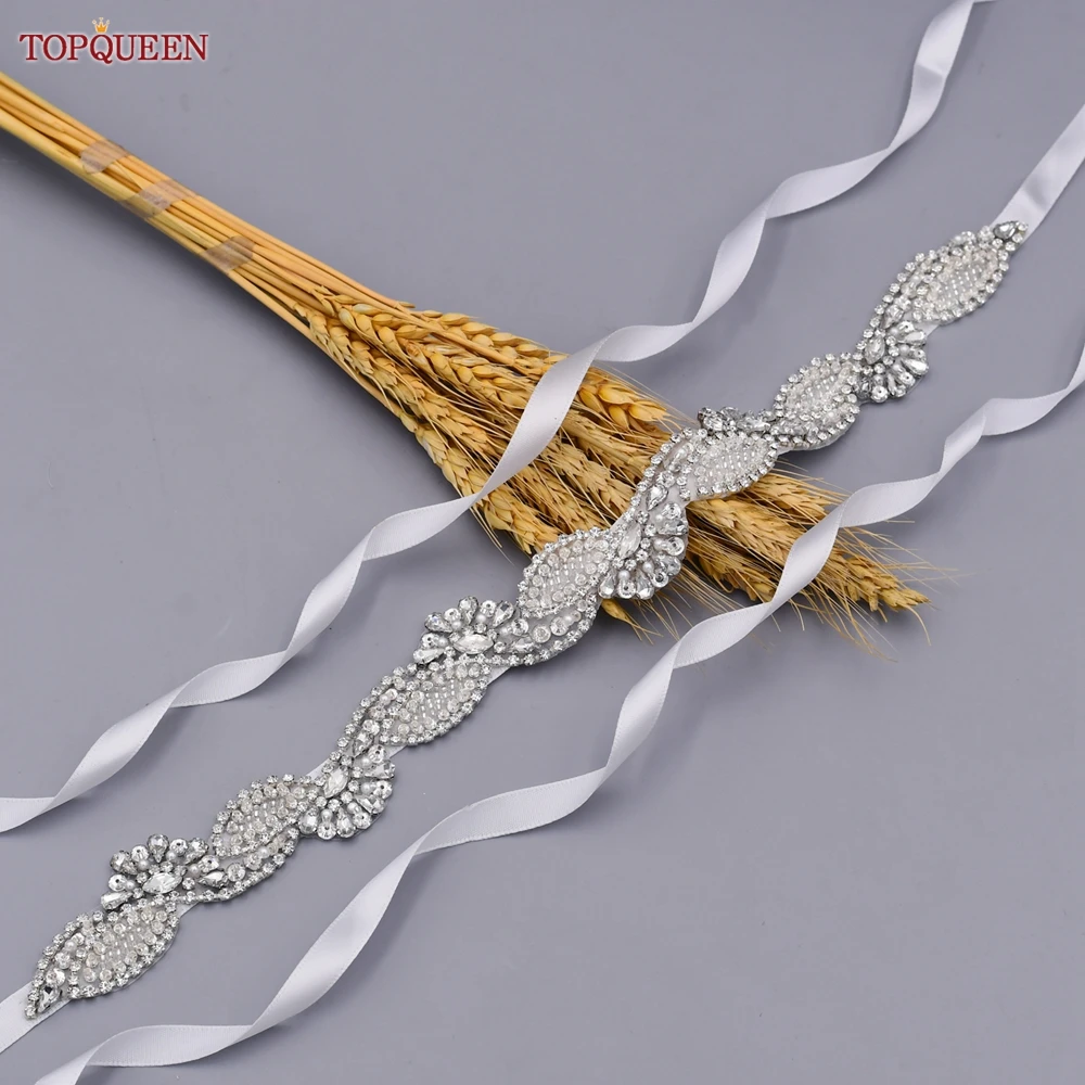 

TOPQUEEN S17 Crystal Wedding Belts Bride Evening Party Dresses Decoration Women's Silver Rhinestones Bridesmaid Ribbon Sash