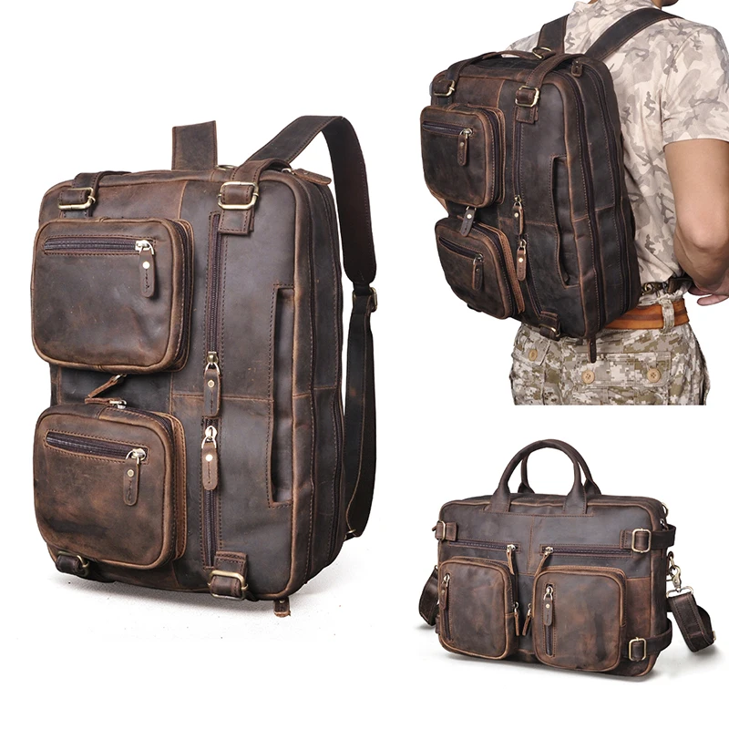 New Crazy Horse Leather Vintage Business Briefcase Bag Male Design Travel Laptop Backpack Document Case Tote Portfolio Bag 9912