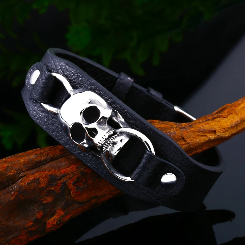 Beier 316L stainless steel Punk Skull Adjustable High Quality Leather Men\'s Bracelet Party Biker Fashion Jewelry