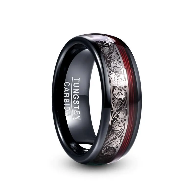 

8mm Wide Plating Black Tungsten Steel Ring Inlay Triple Spiral Pattern Red Guitar String Tungsten Carbide Red Ring for Men